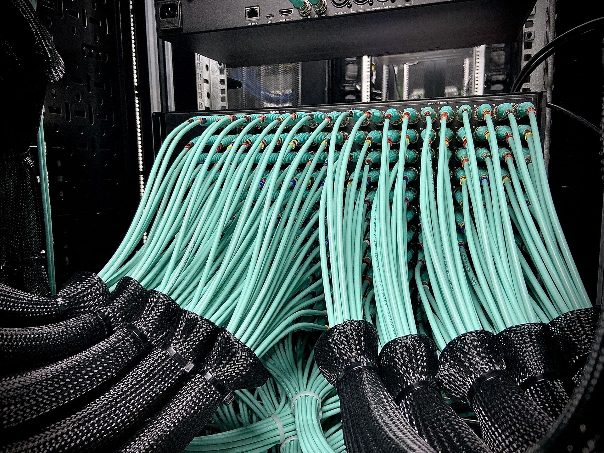12G broadcast camera studio cabling with neatly dressed video connections