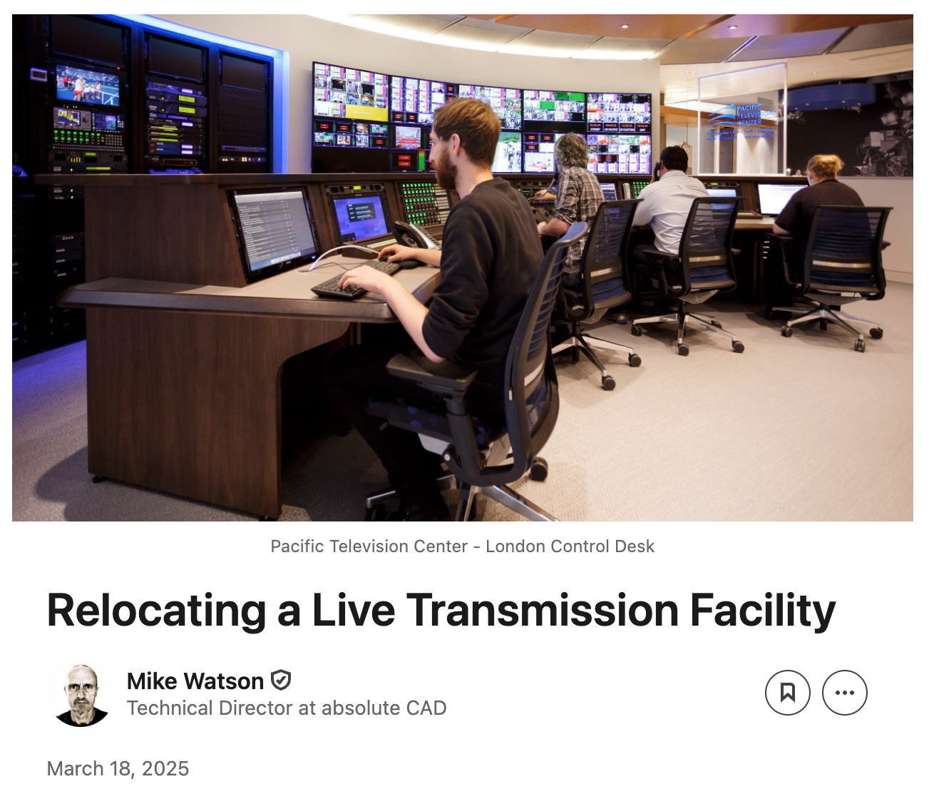 Live broadcast transmission facility with operators and control desks